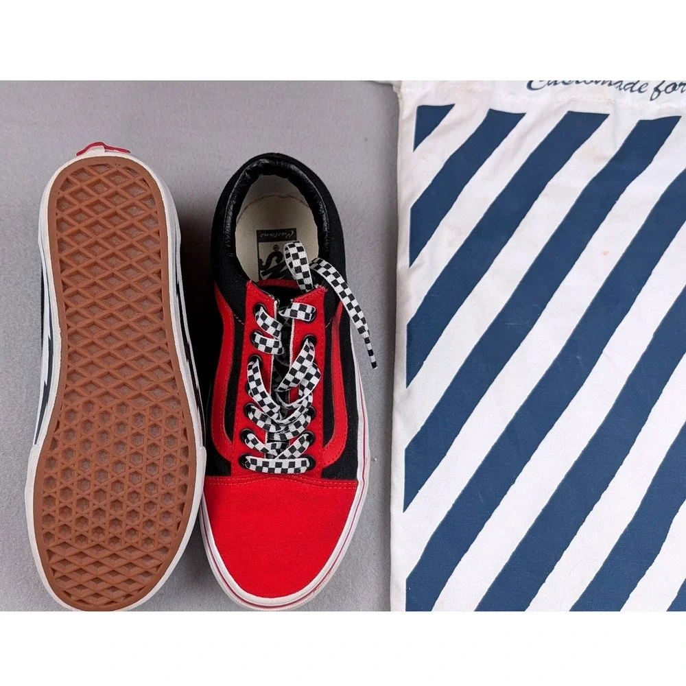 Vans Old Skool Customs Red Black Check Laces Lightning Bolt Mens 7 Women 8.5